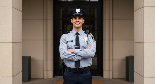 Professional Security Guard Standing Proudly Outside Building Entrance.