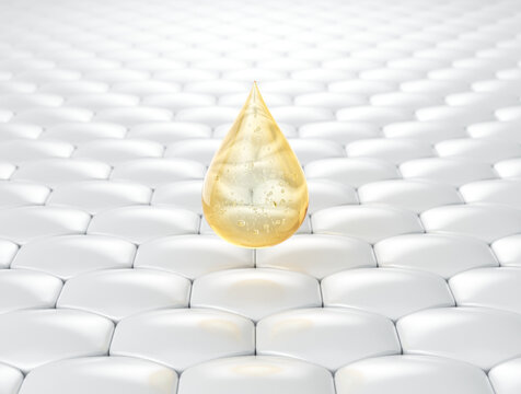 Cosmetic serum Oil drop on skin cell, Skin Repair, moisturizer, collagen serum, Exosome with Skin cells, 3d rendering.