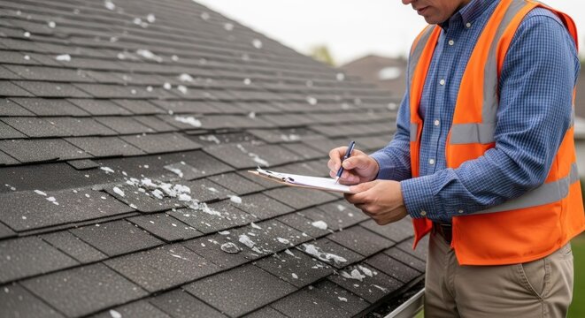 Professional Roofer Inspecting Shingle Roof for Damage and Wear.