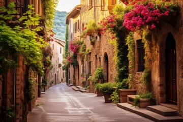Fototapeta premium Narrow cobbled street lined with ancient stone walls and vibrant flowering plants in sunlight