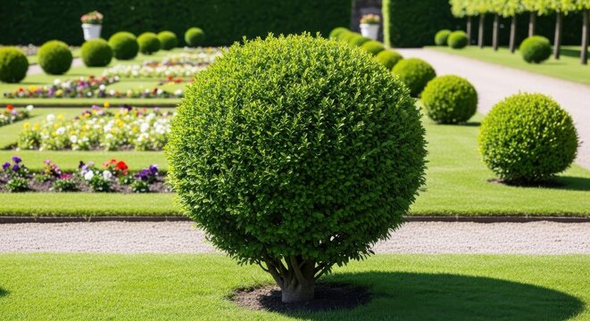 Perfectly Pruned Spherical Evergreen Shrub with Dense Green Foliage in a Manicured Garden Setting