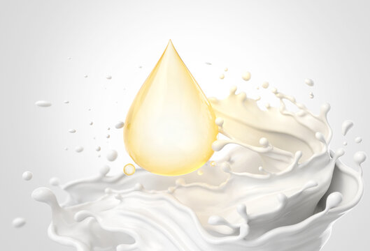 splash of white cream with a golden oil drop, symbolizing nourishing and moisturizing skin treatment 3d illustration.