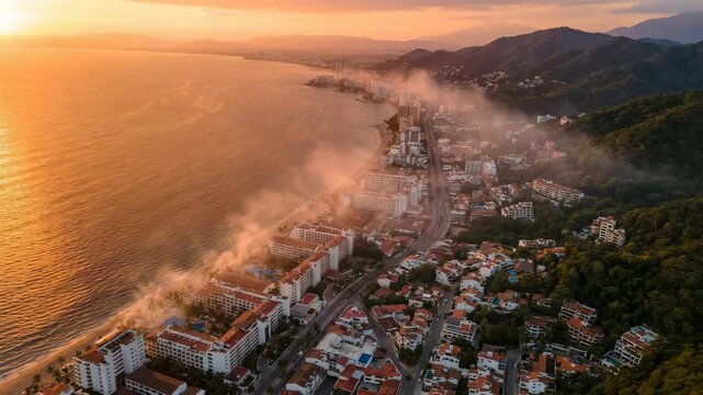 Aerial sunset view of Puerto Vallarta coastline, mexico video orbit out