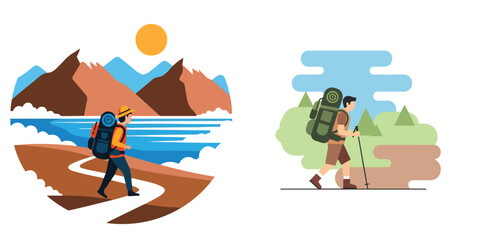Fototapeta premium A minimalist flat vector set of a backpacker trekking through, no outlines, isolated on a pure white background.