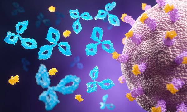 Antibodies attack a cancer cell or Virus, 3d illustration.