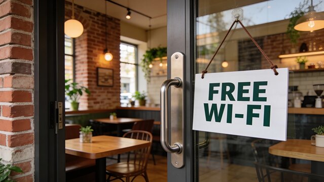 Cafe entrance with free WiFi sign on glass door. Business concept of customer attraction, and hospitality marketing for restaurants and coffee shops