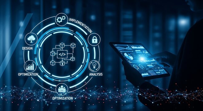 Person holding tablet with data analysis and optimization infographic on screen in dark blue background with network connections