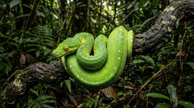 Green tree python coiled on branch close up vibrant snake reptile wildlife detail