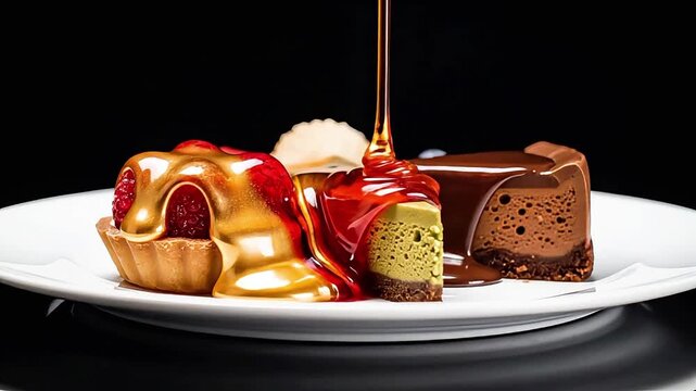 Indulge in a decadent dessert platter featuring raspberry tart, matcha cheesecake, and chocolate cake, enhanced by a luscious golden syrup drizzle. A sweet delight!