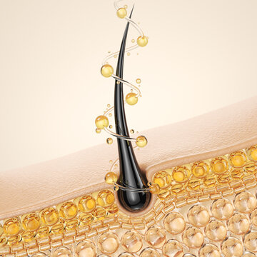 The molecule nourishes and repairs hair, Shampoo or vitamin serum 3d illustration.