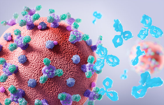 Antibodies attack a cancer cell or Virus, 3d illustration.