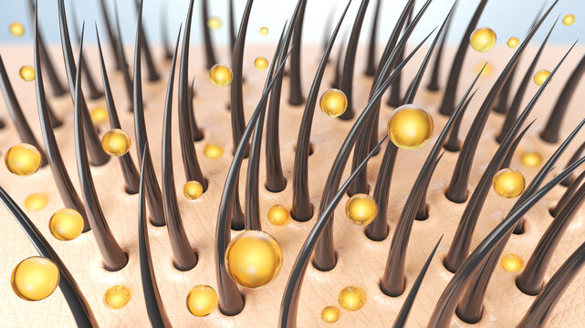 Nourish hair of shampoo or Oil Vitamin serum. Repair damaged hair concept, 3d rendering.