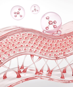 Cosmetic serum, oil drop on sagging skin cells, skin repair, moisturizer, collagen serum in pink tone, 3D rendering.