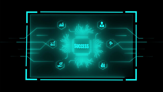 Cyan abstract digital concept of a central glowing processor chip displaying the word SUCES surrounded by interconnected hexagonal representing business growth and financial progress on a dark