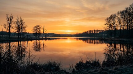 Obraz premium Serene lake reflects vibrant sunset sky with bare trees on the shoreline during twilight