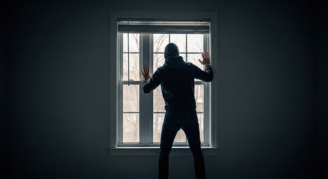 Silhouette of a person looking out a window at night.