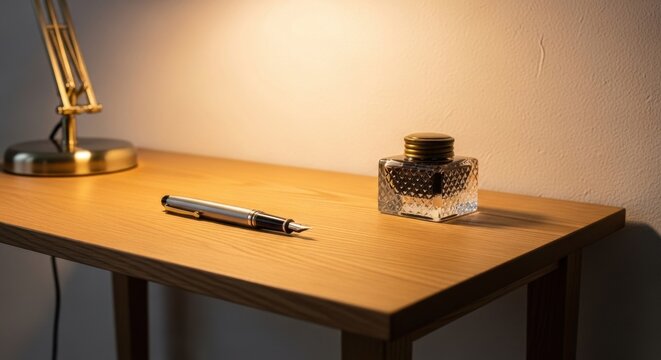 A classic silver fountain pen and antique glass inkwell resting on a minimalist light oak desk with warm ambient lighting
