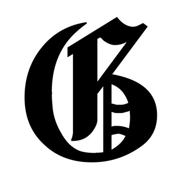 A stylized black gothic letter G with a decorative flourish, isolated on a white background.