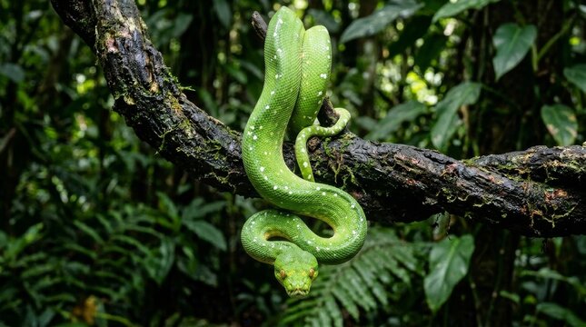 Green tree python coiled on branch close up vibrant snake reptile wildlife detail