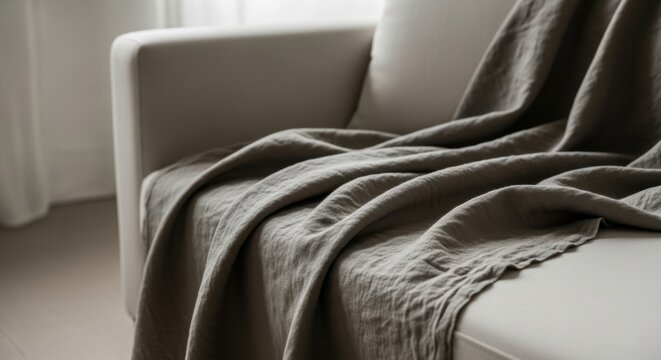 Close-up of Muted Gray Linen Fabric Showing Natural Slubs and Texture Draped on a Sofa