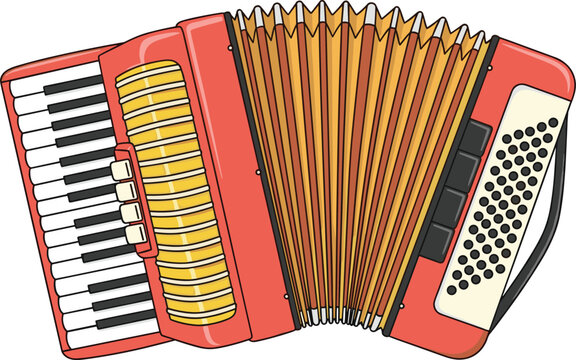 Colorful Vector Illustration of a Classic Red Accordion with Detailed Bellows and KeysColorful Vector Illustration of a Classic Red Accordion with Detailed Bellows and Keys