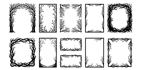 Spooky bare tree branch frames set, 11 gothic forest border vectors, black silhouette twig and thorn decorative frames for Halloween invitations © Lubna