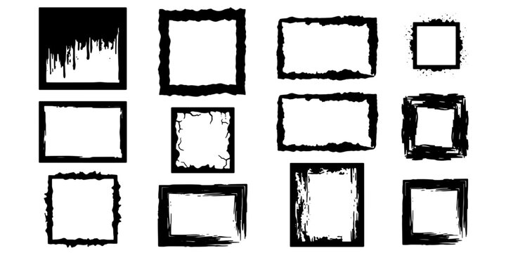 Grunge black ink frames collection, set of 12 distressed border vectors, hand drawn rough square and rectangle frame elements for vintage design