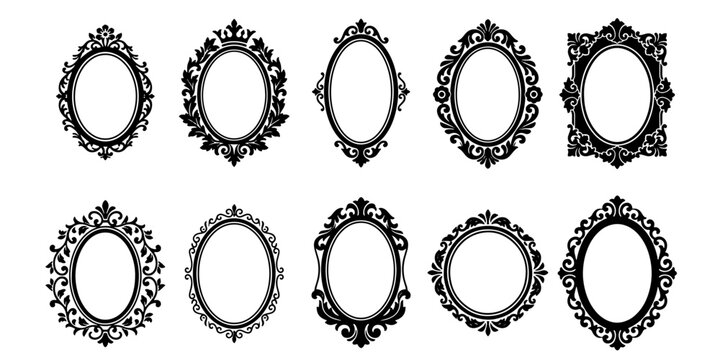 Vintage ornate mirror frames set, 10 black silhouette baroque oval borders, antique victorian decorative frame collection for wedding invitations