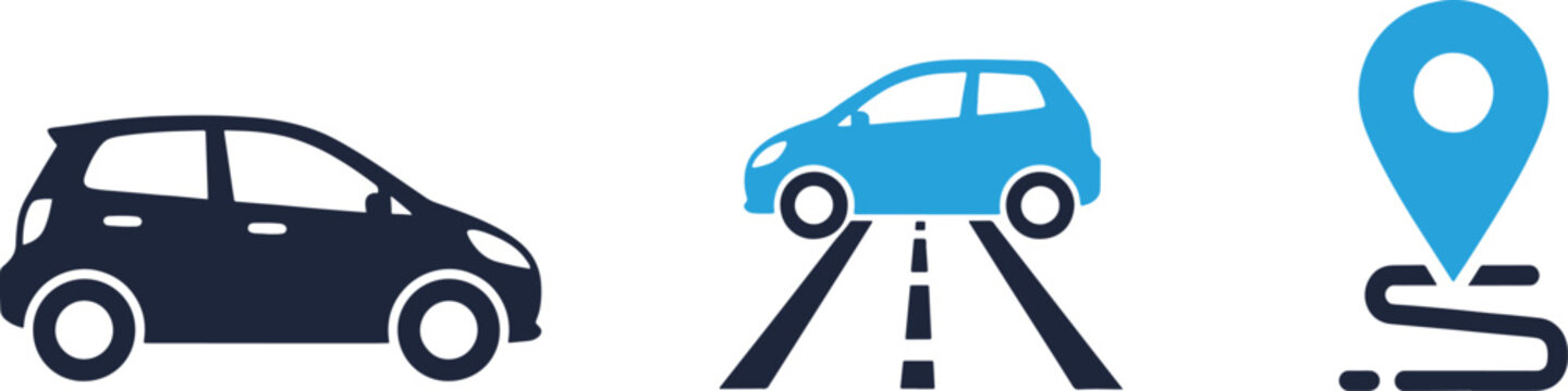 Three icons represent a car journey. The first icon shows a car with a blue marker indicating a pickup location.