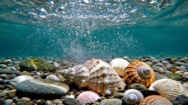 Underwater view of seashells and pebbles with bubbles rising from the surface
