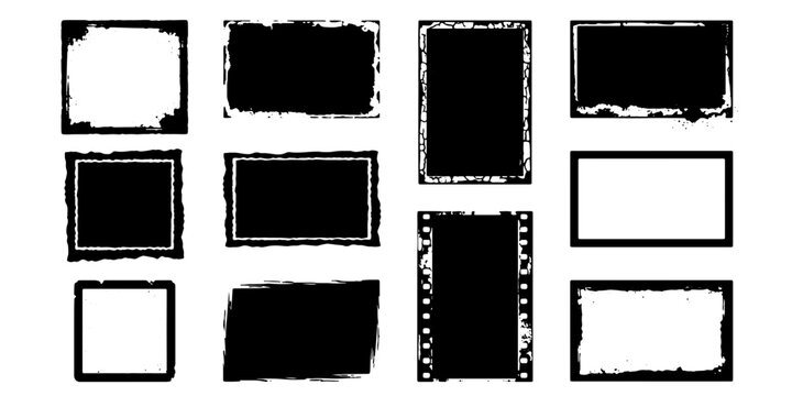 Grunge border collection, 11 distressed frame vector elements, vintage textured black ink frames, rough edge border set for photo overlays