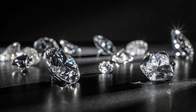 A brilliant collection of raw, uncut diamonds and exquisitely faceted solitaires shining under dramatic lighting