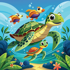 Fototapeta premium Cartoon sea turtles, swimming underwater, colorful ocean creatures, aquatic animals, vector illustration