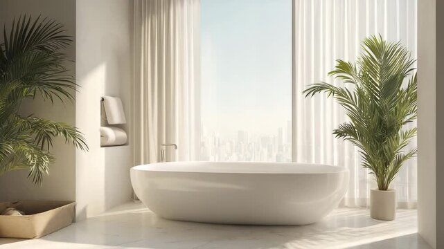 Minimalist bathroom featuring oval bathtub near window sheer curtains warm natural daylight tranquil spa inspired setting