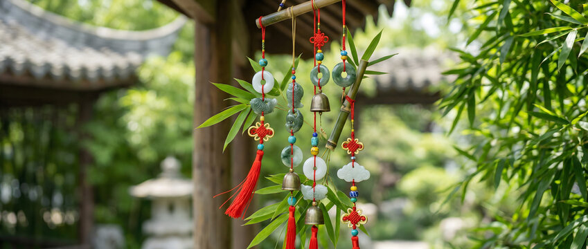 Bamboo branch hanging jade ornaments, Chinese knots, and wind chimes as traditional decorative elements