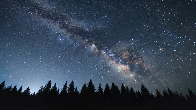 Vast Milky Way galaxy arches over dark pine forest silhouette under starry night sky