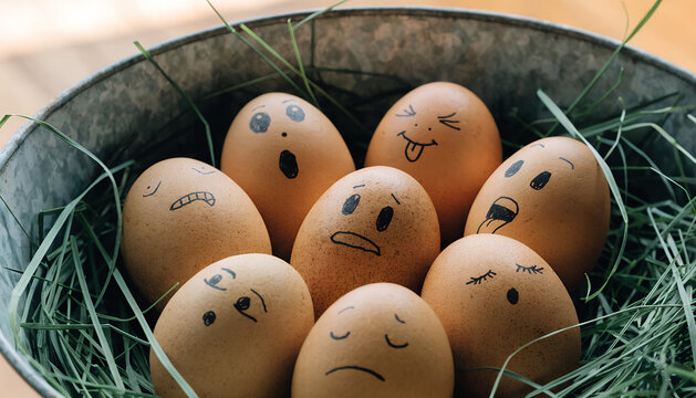 A bowl of eggs with different faces drawn on them