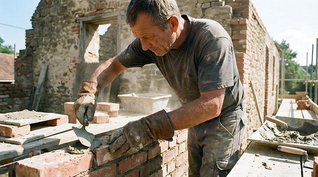 Skilled bricklayer meticulously laying bricks to construct a sturdy wall, showcasing craftsmanship in building