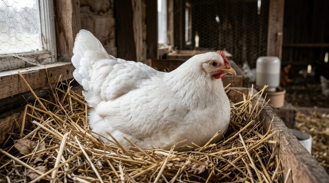 White Hen Sits on Nest in Coop During Day