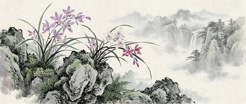 Ink wash landscape with purple and white orchids blooming on rocks amidst misty mountains