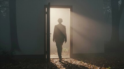 Fototapeta premium Mysterious Figure Walking Through Dimly Lit Doorway in Forest