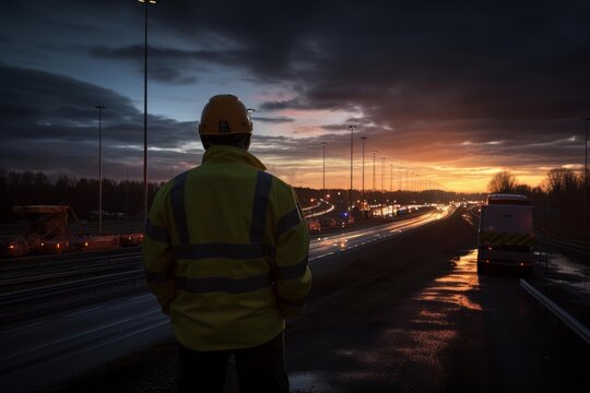 Worker in safety vest and hard hat standing beside a highway at dusk with long exposure light trails