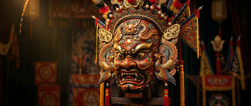 Traditional Nuo opera mask with colorful dragon patterns and ornate decorative elements in close-up
