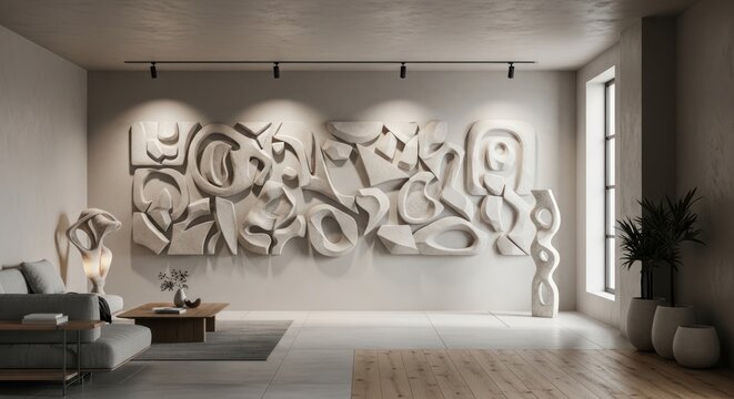 Abstract wall art installation in a modern minimalist living room design