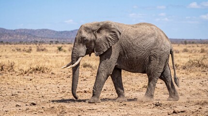 Fototapeta premium Elephant walking across open dry terrain