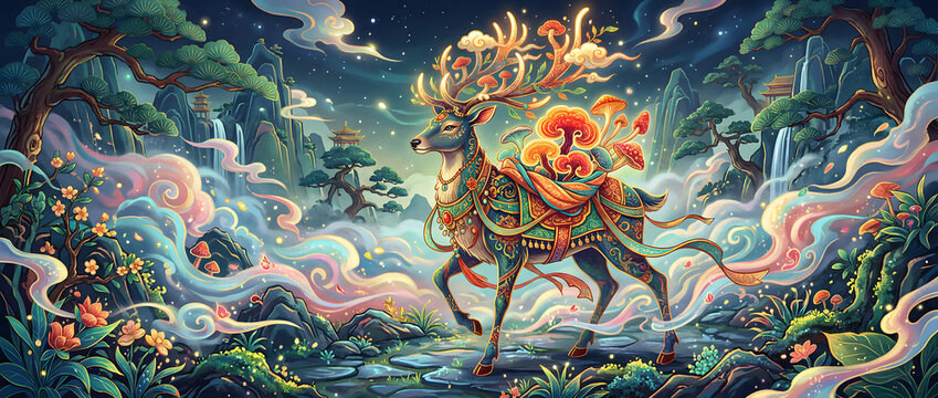 Mythical deer stepping through clouds in a dreamlike mountain landscape with waterfalls and starry sky