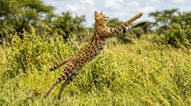A serval jumps in mid-air above the grass in a natural setting