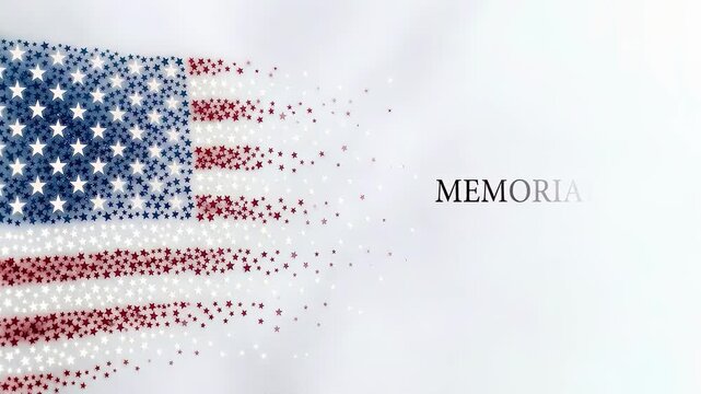 USA America flag star animation scattering on clean white background. Memorial day greeting text appearing in empty copy space. Patriotic holiday tribute honoring national veteran hero.