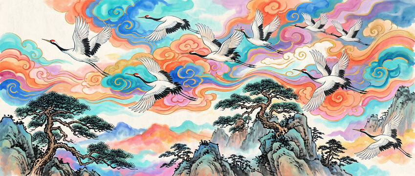 A traditional Chinese style illustration featuring a flock of cranes flying amidst colorful clouds over pine-covered mountains