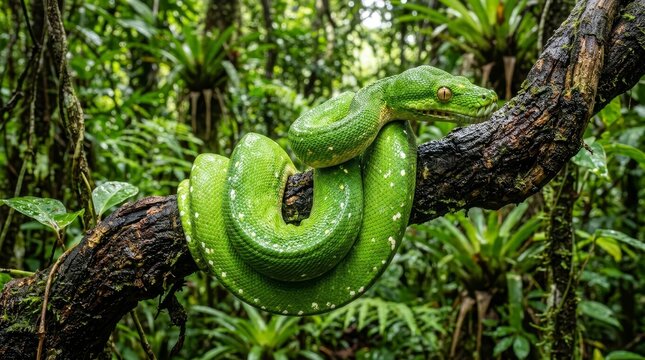 Green tree python coiled on branch close up vibrant snake reptile wildlife detail